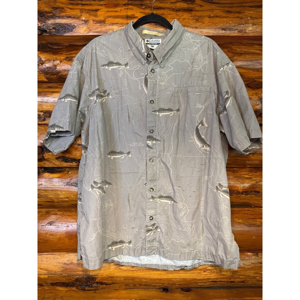 Columbia River Lodge Short Sleeve Button Down Fish Map Shirt Size XL
